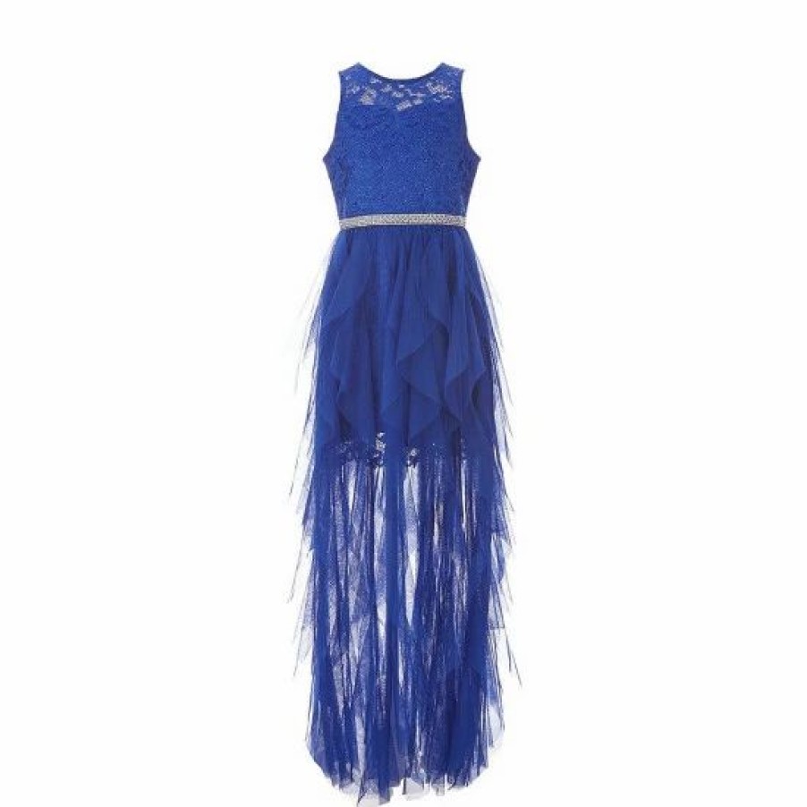 Kids * | Buy Rare Editions Big Girls 7-16 Glitter Lace Cascade Chiffon Maxi Dress Royal