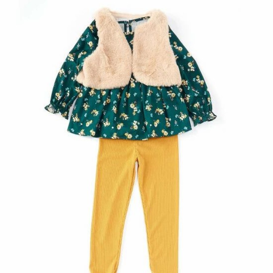 Kids * | Buy Rare Editions Little Girls 2T-6X Sleeveless Faux-Fur Vest, Long-Sleeve Clip-Dot/Floral Top & Solid Leggings 3-Piece Set Hunter