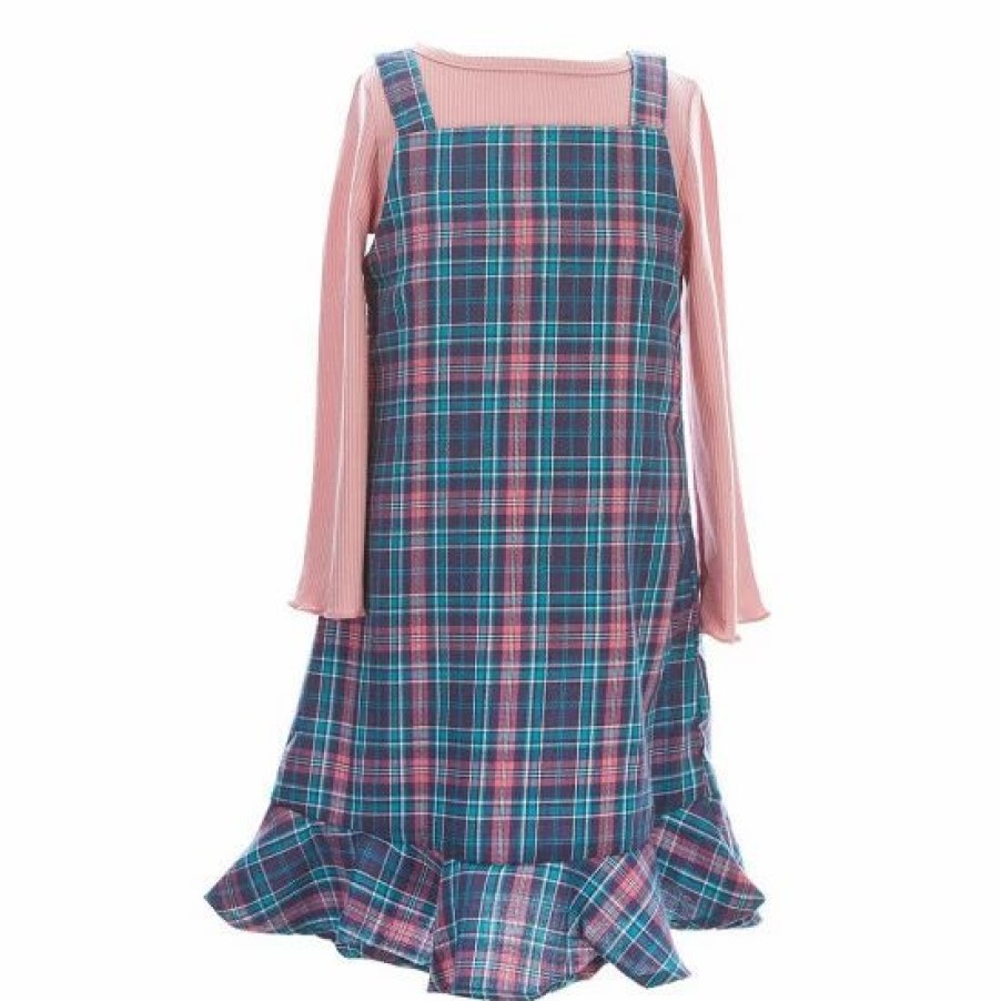 Kids * | Outlet Rare Editions Little Girls 2T-6X Plaid Jumper Dress & Long-Sleeve Solid Tee 2-Piece Set