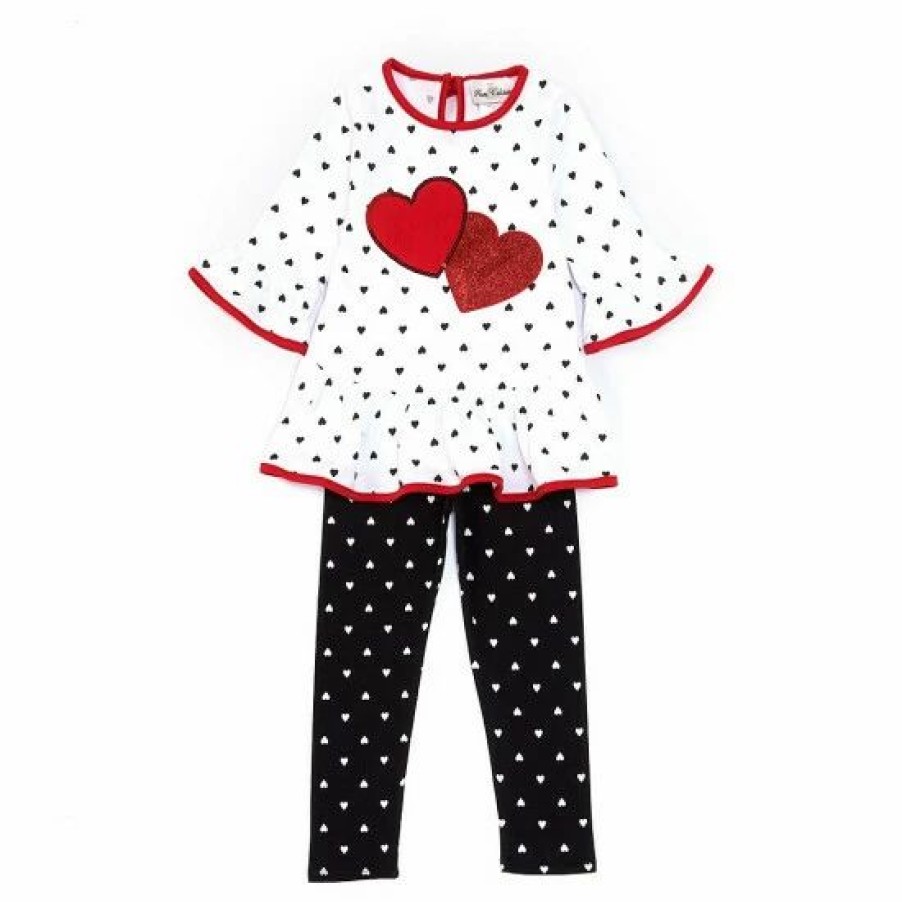 Kids * | Discount Rare Editions Little Girls 2T-6X Heart Print Applique Ruffle Top & Printed Legging 2-Piece Set White