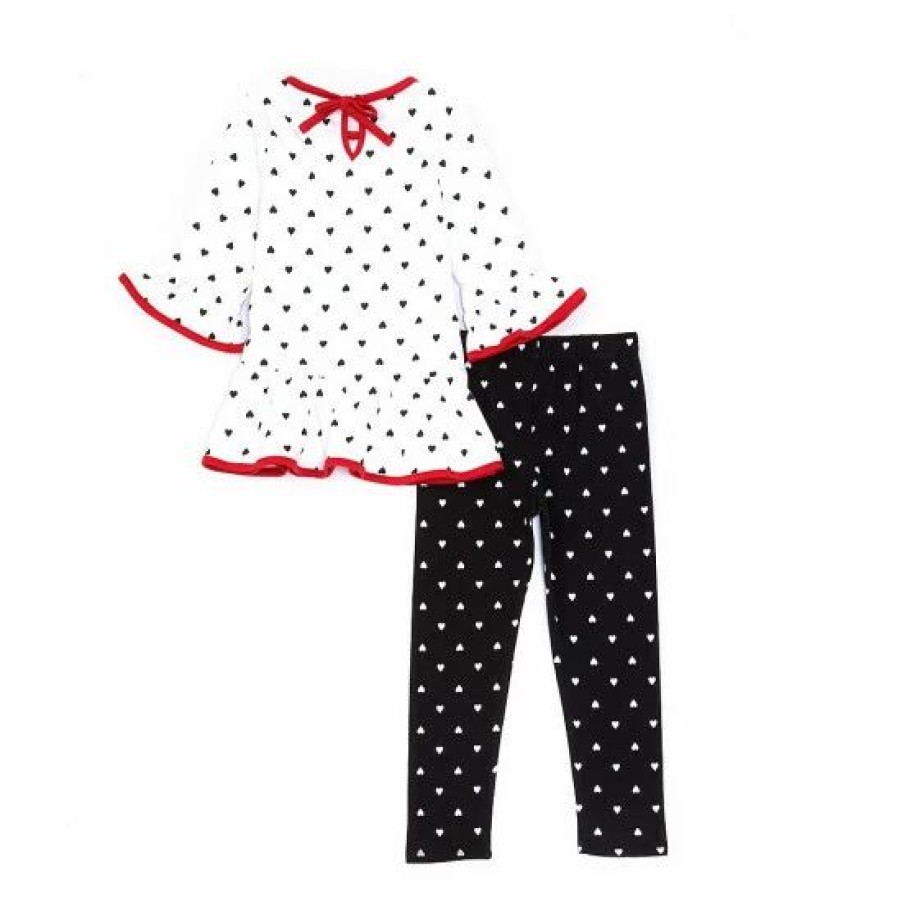 Kids * | Discount Rare Editions Little Girls 2T-6X Heart Print Applique Ruffle Top & Printed Legging 2-Piece Set White