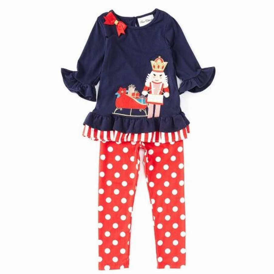 Kids * | Cheapest Rare Editions Little Girls 2T-6X Solid Knit Nutcracker Applique Printed Top & Dot Printed Knit Leggings 2-Piece Set Navy