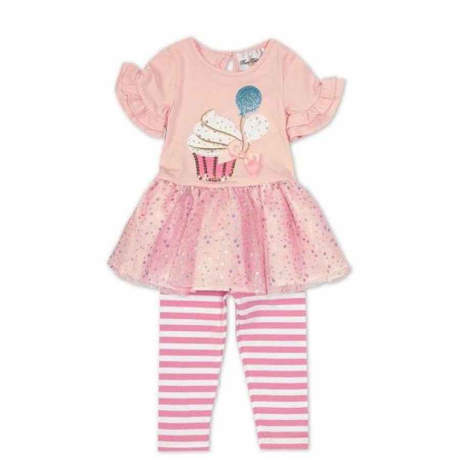 Kids * | Cheapest Rare Editions Baby Girls 12-24 Months Birthday Tutu Cupcake And Balloons Quarter Sleeve Top & Striped Leggings 2-Piece Set Pink