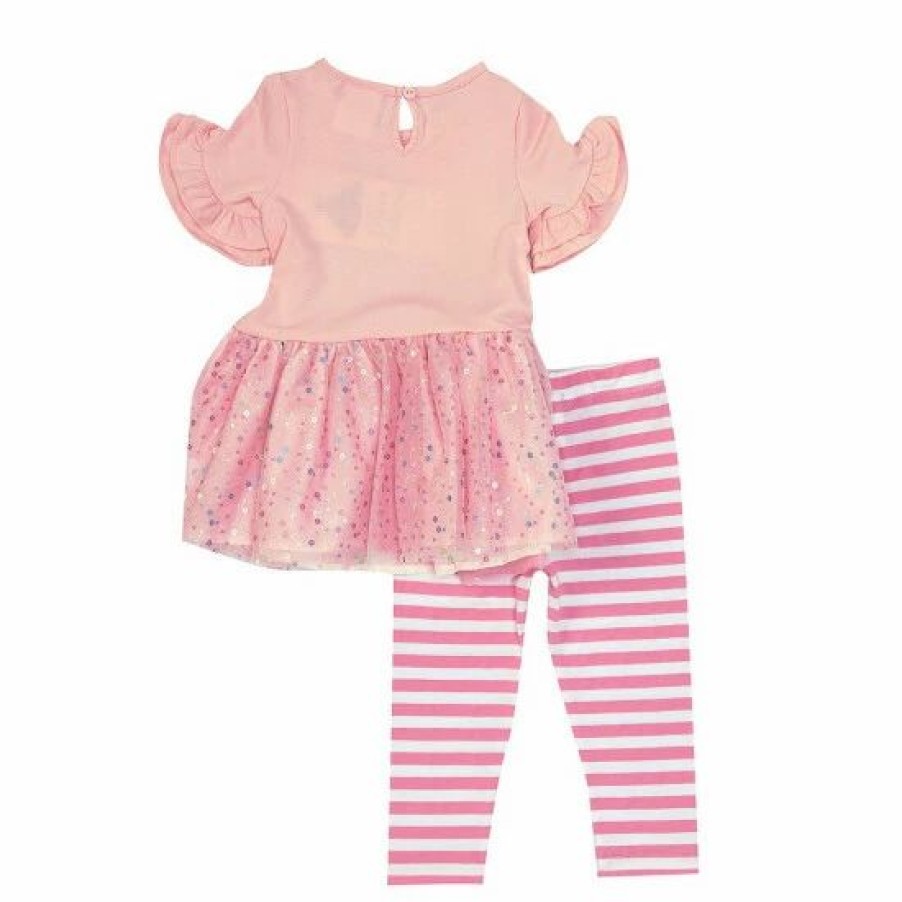 Kids * | Cheapest Rare Editions Baby Girls 12-24 Months Birthday Tutu Cupcake And Balloons Quarter Sleeve Top & Striped Leggings 2-Piece Set Pink