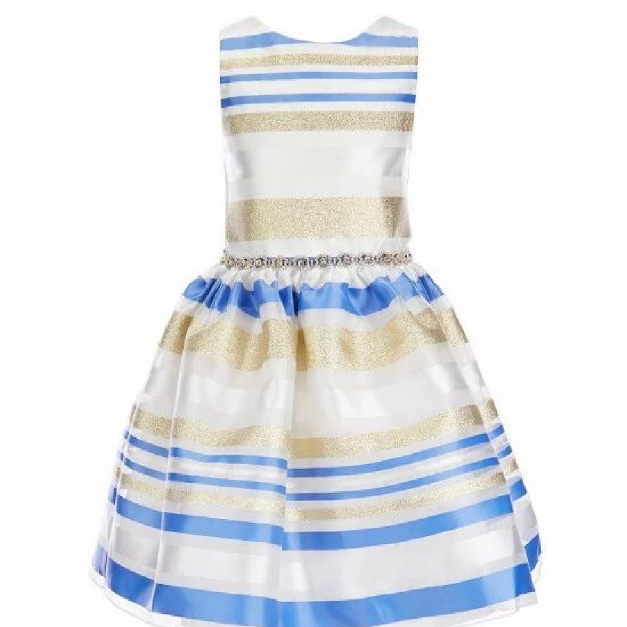 Kids * | Top 10 Rare Editions Big Girls 7-16 Sleeveless Striped Metallic Burnout Organza Embellished Waist Pleated Dress Periwinkle