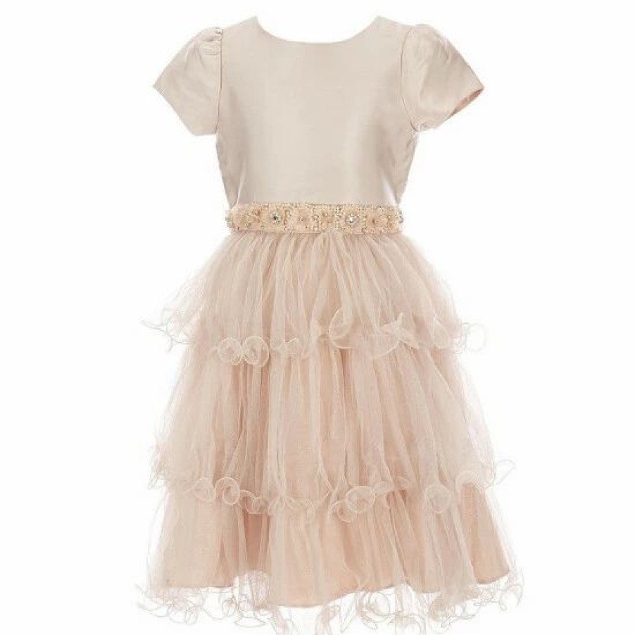 Kids * | Best Deal Rare Editions Big Girls 7-16 Mikado/Tulle Wire-Hem Fit-And-Flare Dress Taupe