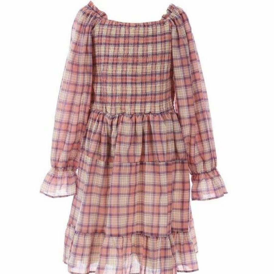 Kids * | Deals Rare Editions Big Girls 7-16 Long-Sleeve Smocked Plaid Babydoll Dress Blush