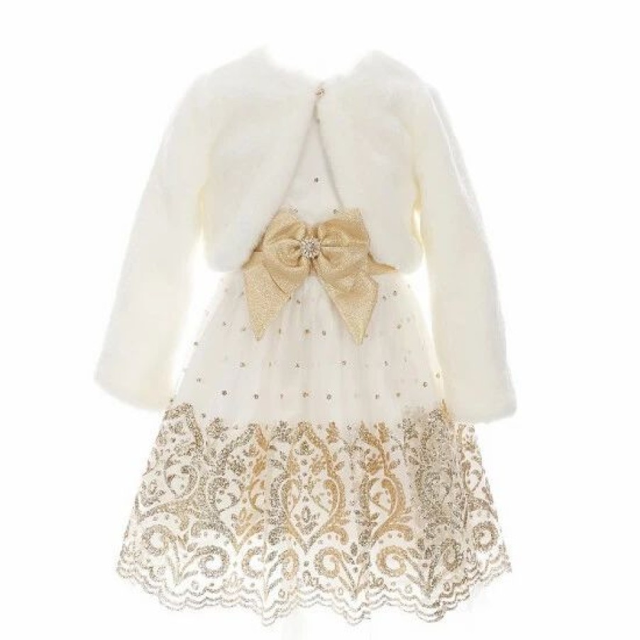 Kids * | Cheapest Rare Editions Little Girls 4-6X Long-Sleeve Faux-Fur Bolero Jacket & Glitter-Accented Border-Hem Dress 2 Piece Set Ivory