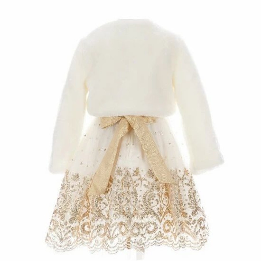 Kids * | Cheapest Rare Editions Little Girls 4-6X Long-Sleeve Faux-Fur Bolero Jacket & Glitter-Accented Border-Hem Dress 2 Piece Set Ivory