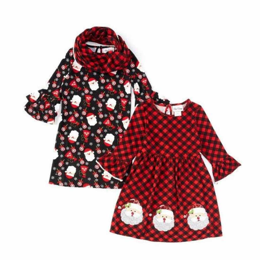 Kids * | Promo Rare Editions Little Girls 2T-6X Santa Print Dress And Santa Checked Print Dress & Scarf 3 Piece Set Black