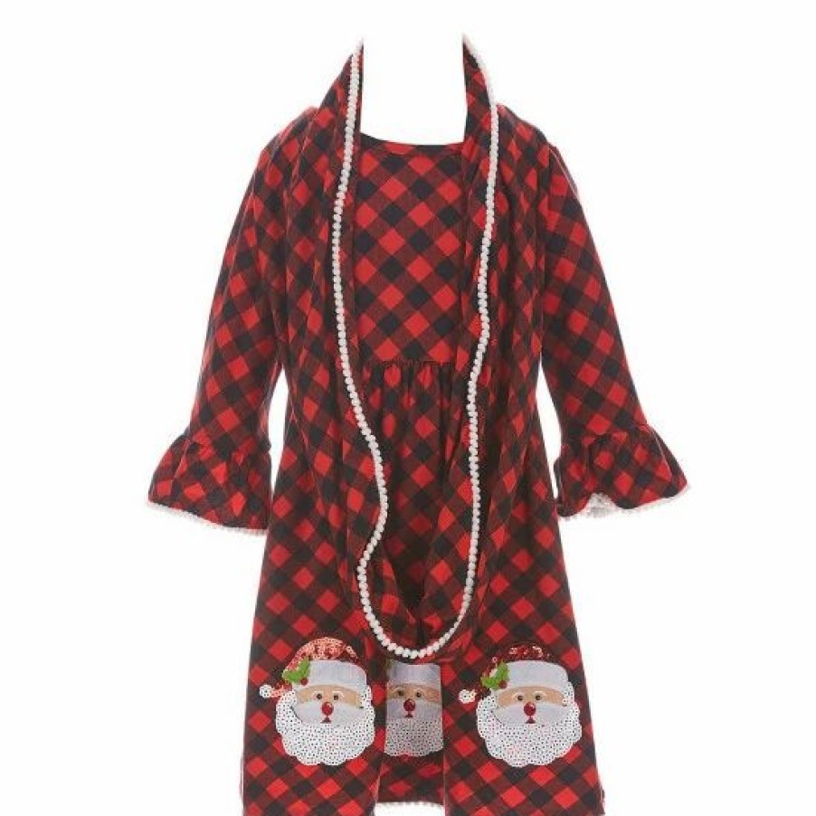 Kids * | Promo Rare Editions Little Girls 2T-6X Santa Print Dress And Santa Checked Print Dress & Scarf 3 Piece Set Black