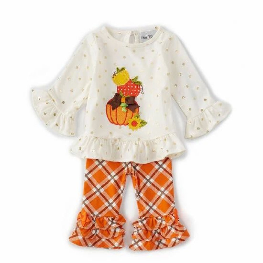 Kids * | Cheap Rare Editions Baby Girls 3-24 Months Stacked Pumpkin Top & Plaid Leggings 2-Piece Set Ivory