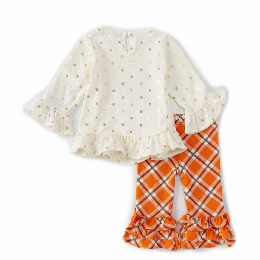 Kids * | Cheap Rare Editions Baby Girls 3-24 Months Stacked Pumpkin Top & Plaid Leggings 2-Piece Set Ivory