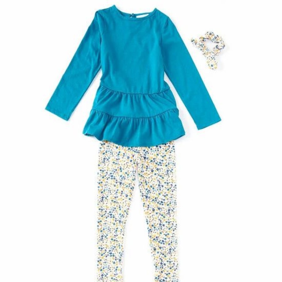 Kids * | Buy Rare Editions Little Girls 2T-6X Long-Sleeve Solid Rib-Knit Tiered Tunic Top & Printed Leggings Set Blue