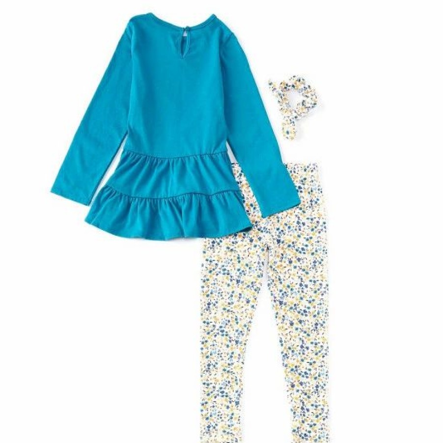 Kids * | Buy Rare Editions Little Girls 2T-6X Long-Sleeve Solid Rib-Knit Tiered Tunic Top & Printed Leggings Set Blue