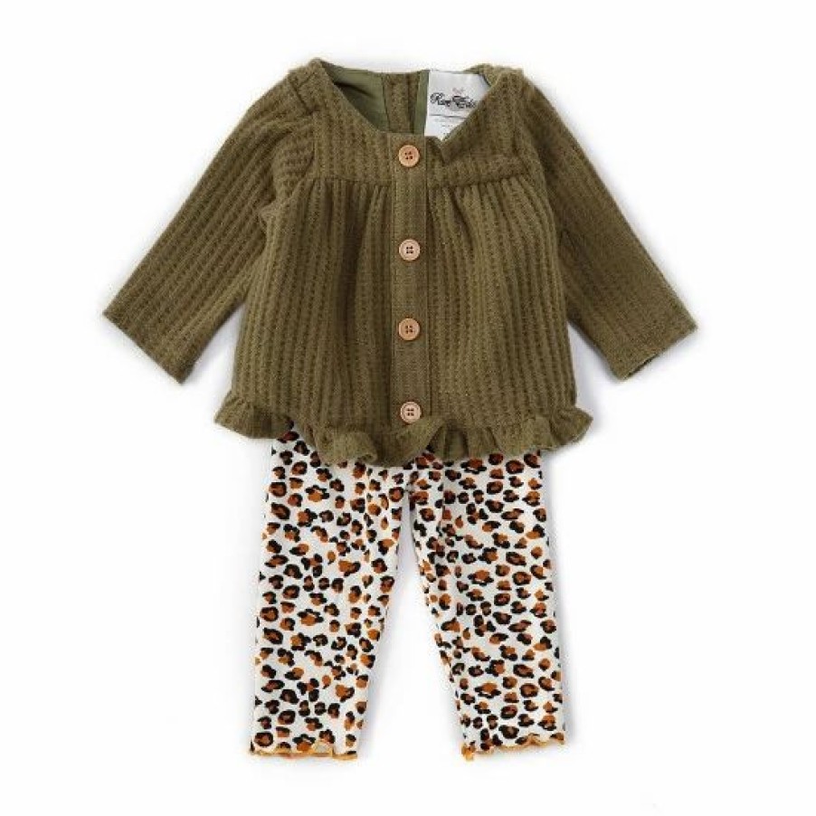 Kids * | Cheapest Rare Editions Baby Girls 3-24 Month Long Sleeve Button Front Ruffle Top & Brush Knit Leggings 2-Piece Set Green