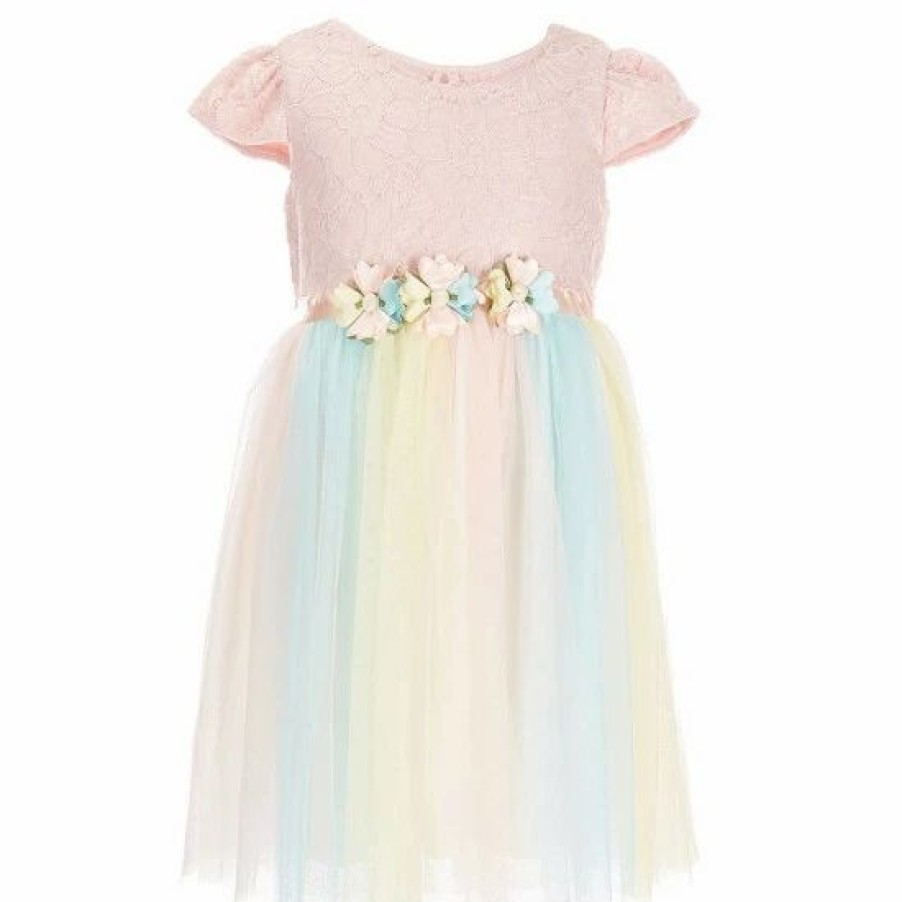 Kids * | Coupon Rare Editions Little Girls 2T-6X Cap Sleeve Lace To Ombre Mesh Dress Peach Multi