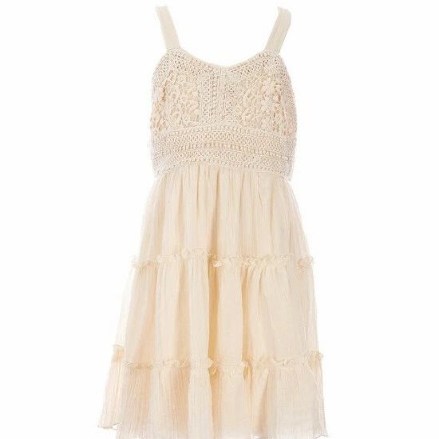 Kids * | Buy Rare Editions Big Girls 7-16 Sleeveless Crocheted-Bodice Tiered Gauze Skirt Tie Back Dress