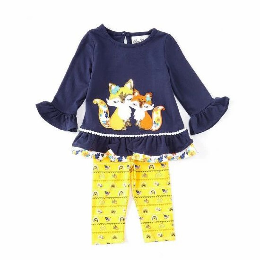 Kids * | New Rare Editions Baby Girls 3-24 Months Long-Sleeve Fox-Appliqued Tee & Printed Leggings Set Navy