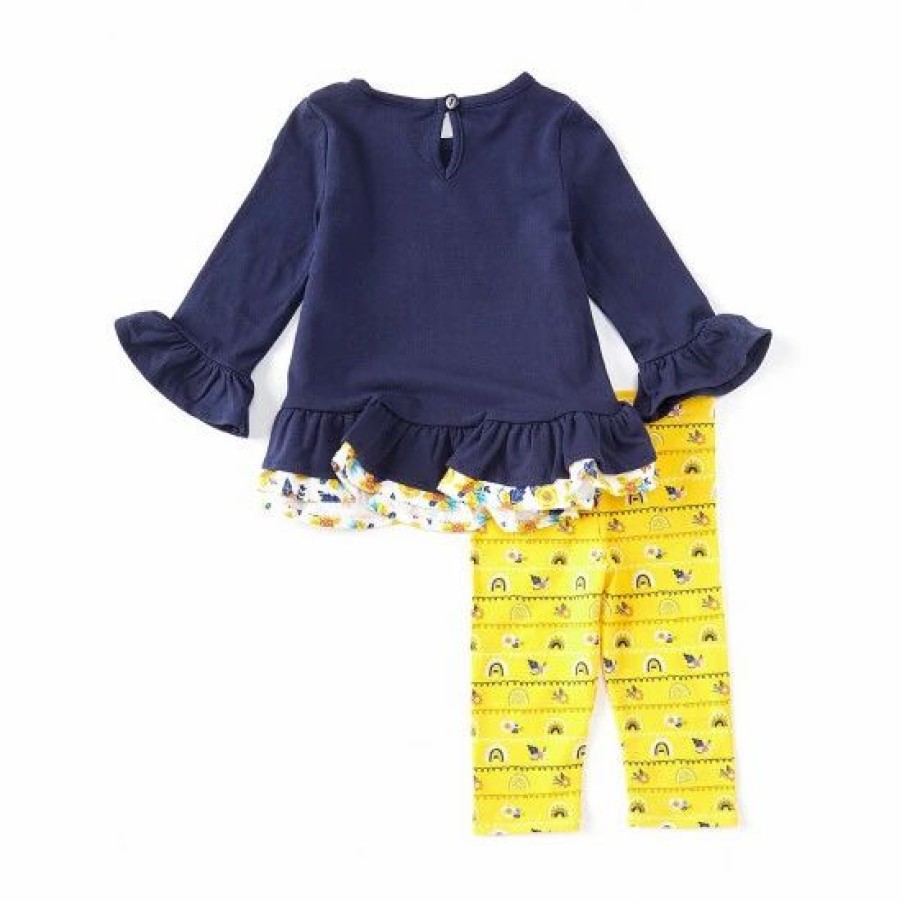 Kids * | New Rare Editions Baby Girls 3-24 Months Long-Sleeve Fox-Appliqued Tee & Printed Leggings Set Navy