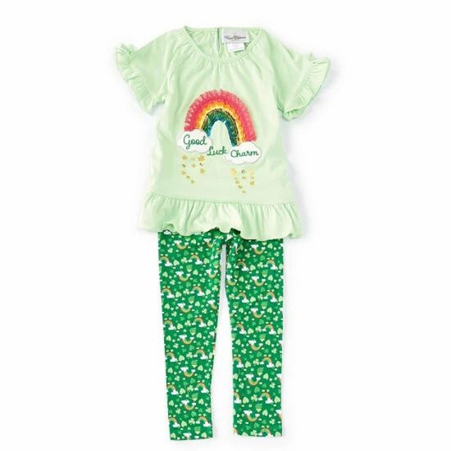 Kids * | Cheapest Rare Editions Little Girls 2T -6X Short Ruffle Sleeve Good Luck Charm Rib Knit Top & Printed Leggings 2-Piece Set Green