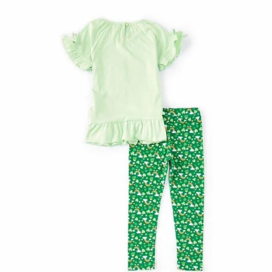 Kids * | Cheapest Rare Editions Little Girls 2T -6X Short Ruffle Sleeve Good Luck Charm Rib Knit Top & Printed Leggings 2-Piece Set Green