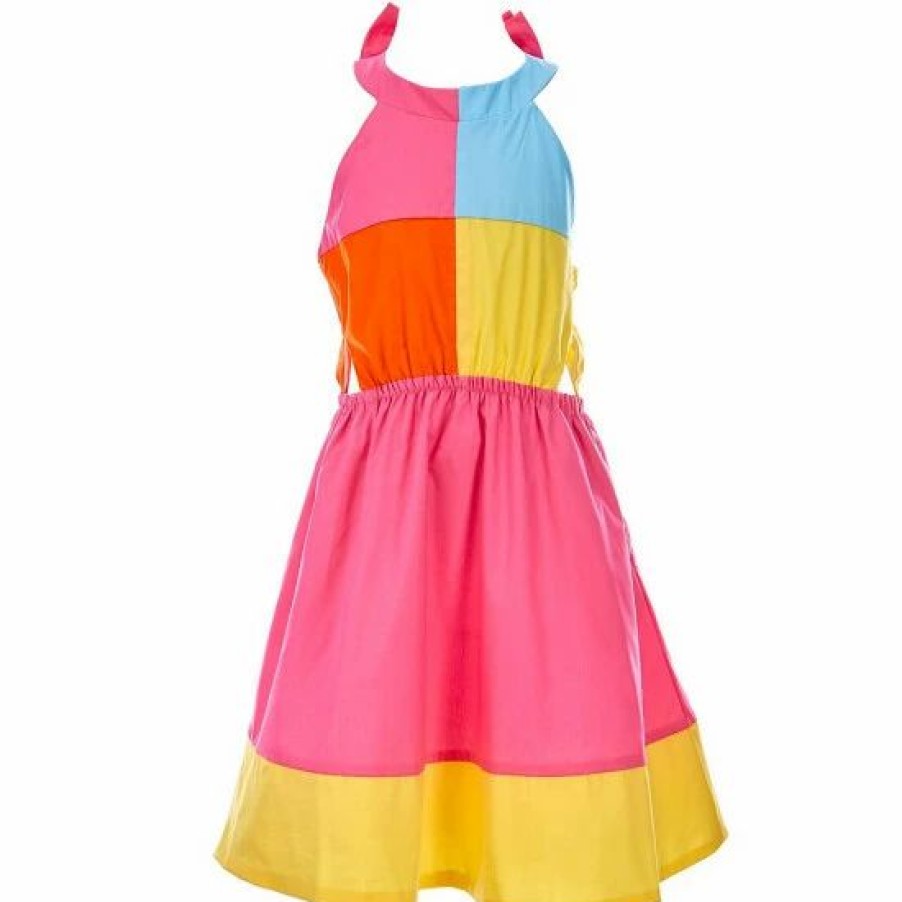 Kids * | Best Reviews Of Rare Editions Big Girls 7-16 Sleeveless Halter-Bow-Neck Side-Cut-Out Colorblock Fit-And-Flare Dress Pink/Blue/Orange/Yellow