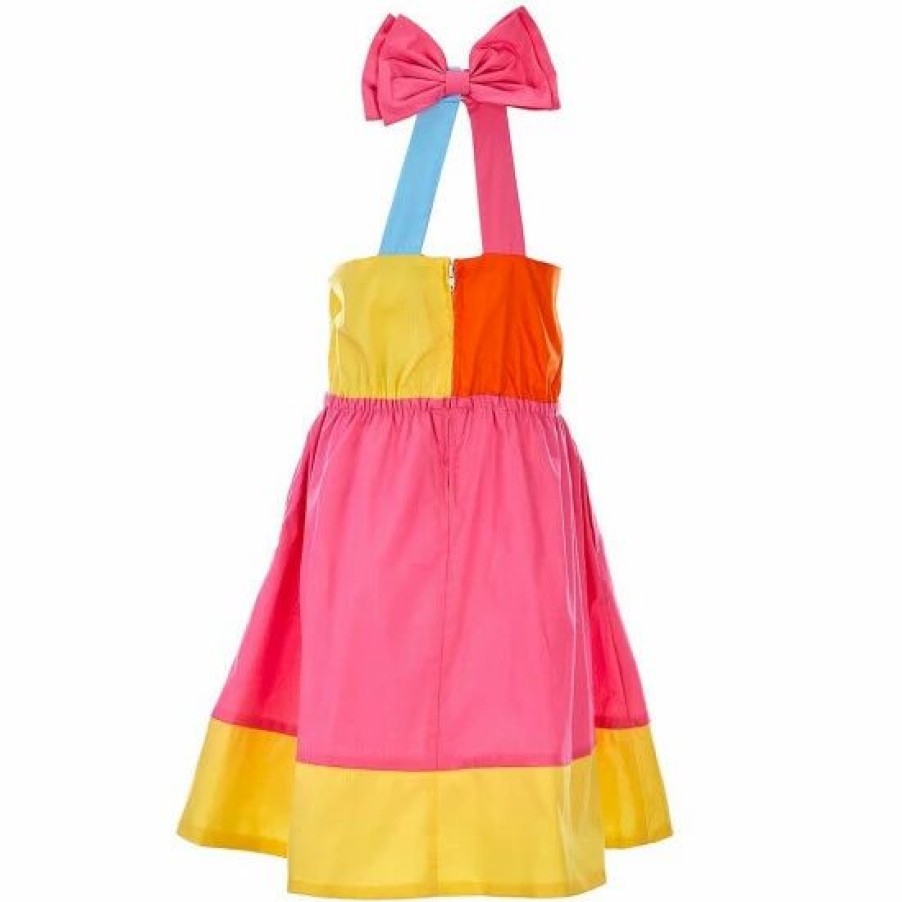 Kids * | Best Reviews Of Rare Editions Big Girls 7-16 Sleeveless Halter-Bow-Neck Side-Cut-Out Colorblock Fit-And-Flare Dress Pink/Blue/Orange/Yellow