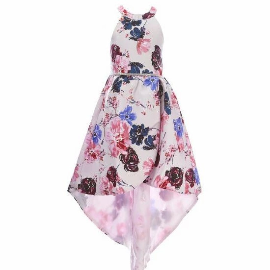 Kids * | New Rare Editions Big Girls 7-16 Sleeveless Floral Foiled Mikado High-Low-Hem Ballgown Mauve