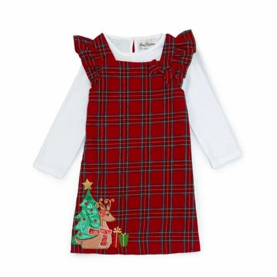 Kids * | Flash Sale Rare Editions Little Girls 2T-6X Plaid Christmas Tree And Reindeer Jumper Over Rib Knit Top Dress Red