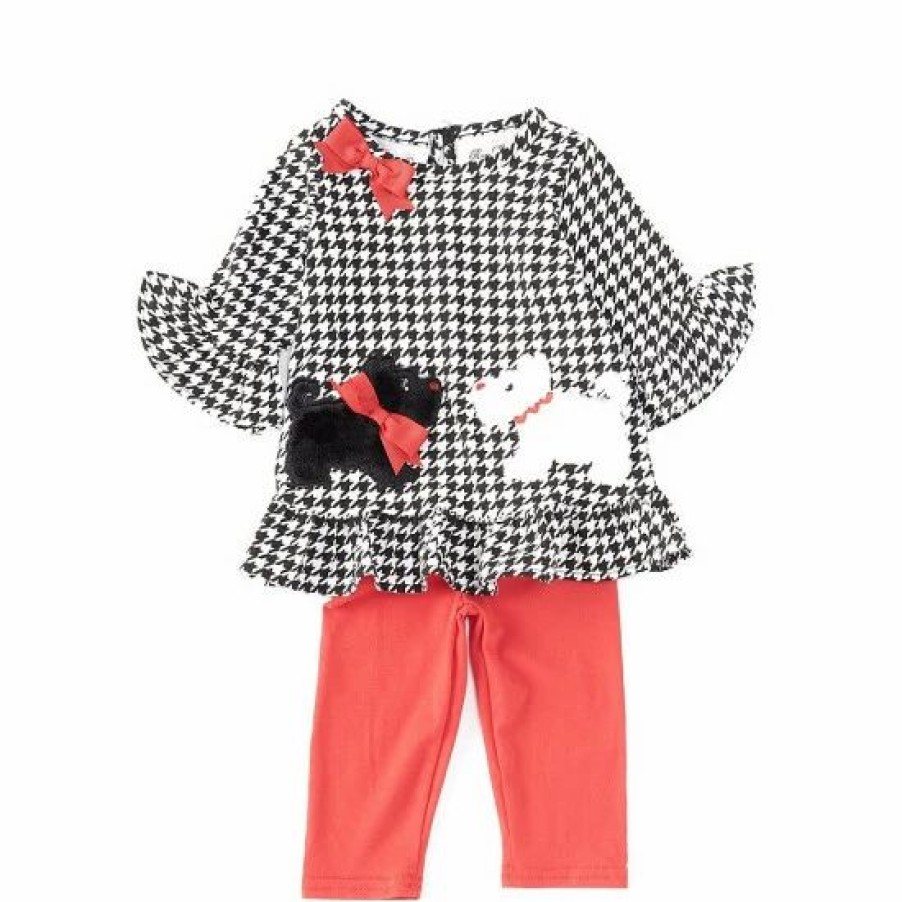 Kids * | Cheapest Rare Editions Baby Girls 3-24 Months Ruffled Long-Sleeve Scottie Dog Applique Top & Solid Leggings Set Black/Red/White