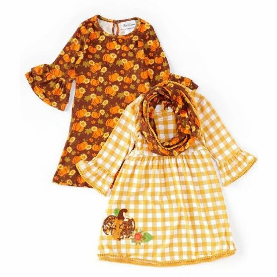 Kids * | Outlet Rare Editions Big Girls 7-16 Pumpkin-Printed Shift Dress & Checked A-Line Dress Two Piece Set Brown