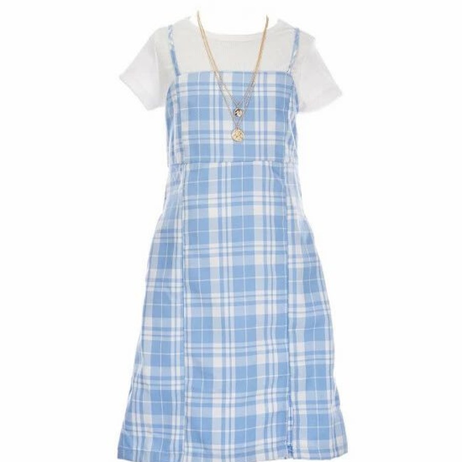 Kids * | Outlet Rare Editions Big Girls 7-16 Sleeveless Plaid Jumper Dress, Pointelle Knit Top & Coordinating Accessories 4-Piece Set Blue