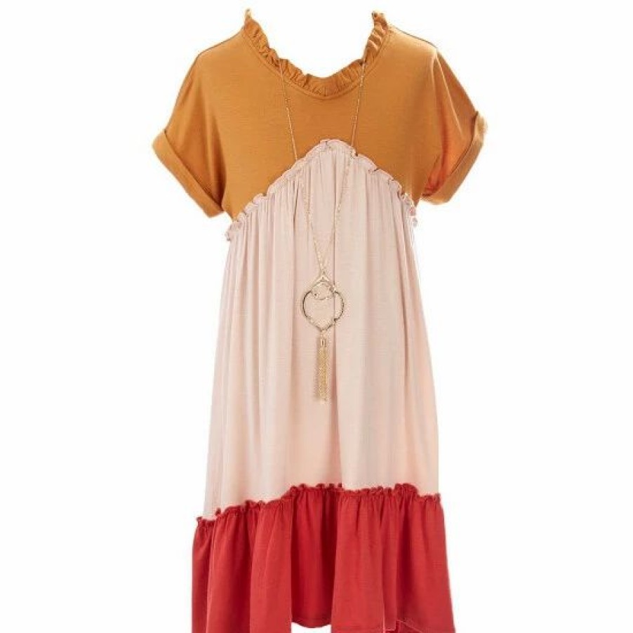 Kids * | Best Deal Rare Editions Big Girls 7-16 Rolled Short-Sleeve Tiered Color Block High-Low-Hem Dress & Coordinating Necklace Orange/Blush/Red