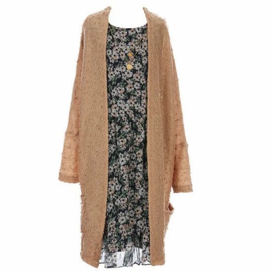 Kids * | Cheap Rare Editions Big Girls 7-16 Long-Sleeve Textured-Knit Cardigan & Ditsy-Floral Chiffon Tiered Dress Set Beige