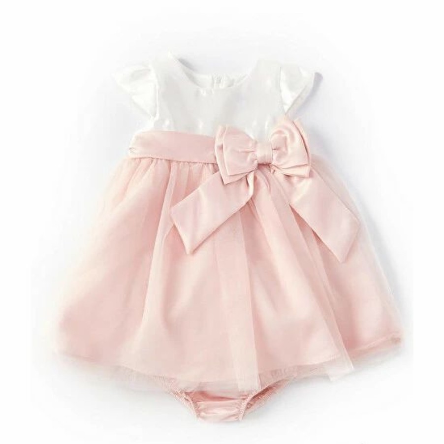 Kids * | Outlet Rare Editions Baby Girls 3-24 Months Color Block Mikado-Bodice/Mesh-Skirted Fit-And-Flare Dress Blush