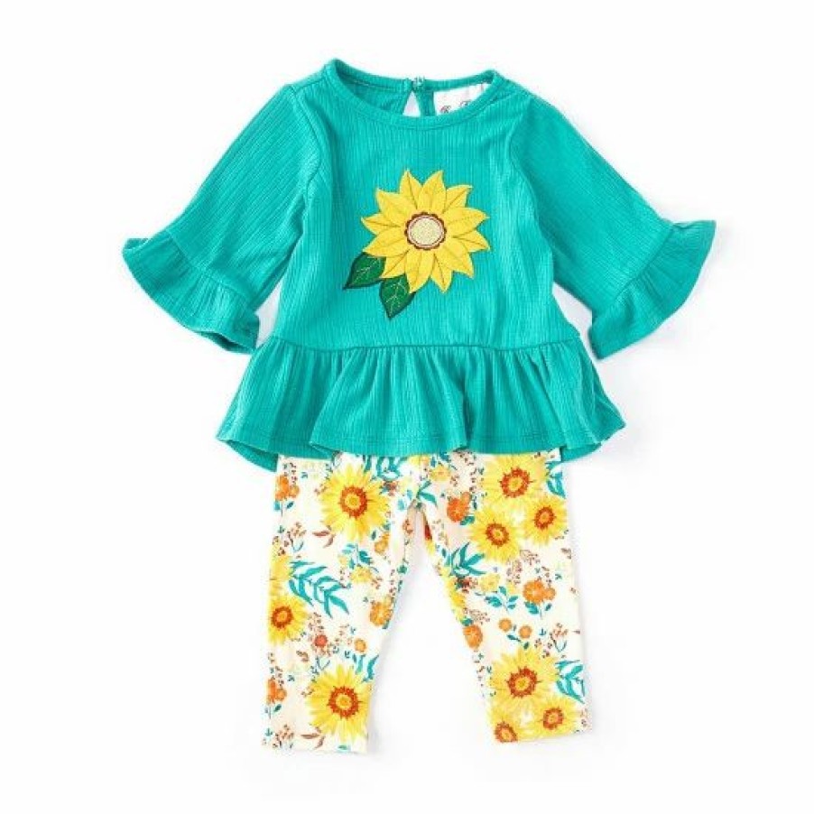 Kids * | Outlet Rare Editions Baby Girls 3-24 Months Solid 3/4 Sleeve Appliqued Tee & Printed Leggings 2-Piece Set Teal