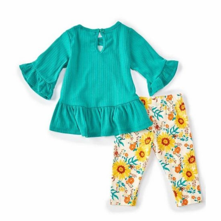 Kids * | Outlet Rare Editions Baby Girls 3-24 Months Solid 3/4 Sleeve Appliqued Tee & Printed Leggings 2-Piece Set Teal