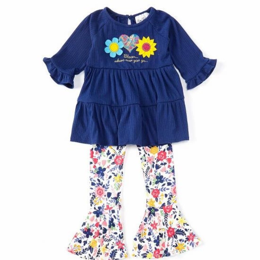 Kids * | Outlet Rare Editions Little Girls 2T-6X Long-Sleeve Tunic Top & Floral-Printed Flared-Leg Pant 2-Piece Set Dark Blue