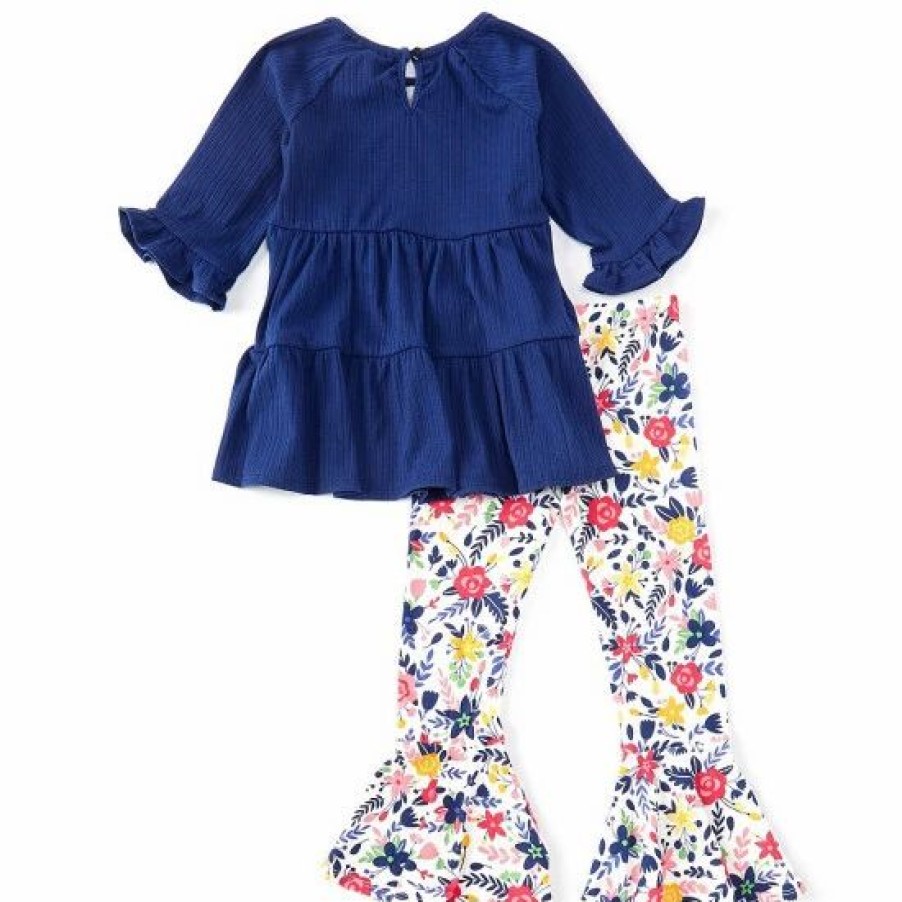 Kids * | Outlet Rare Editions Little Girls 2T-6X Long-Sleeve Tunic Top & Floral-Printed Flared-Leg Pant 2-Piece Set Dark Blue