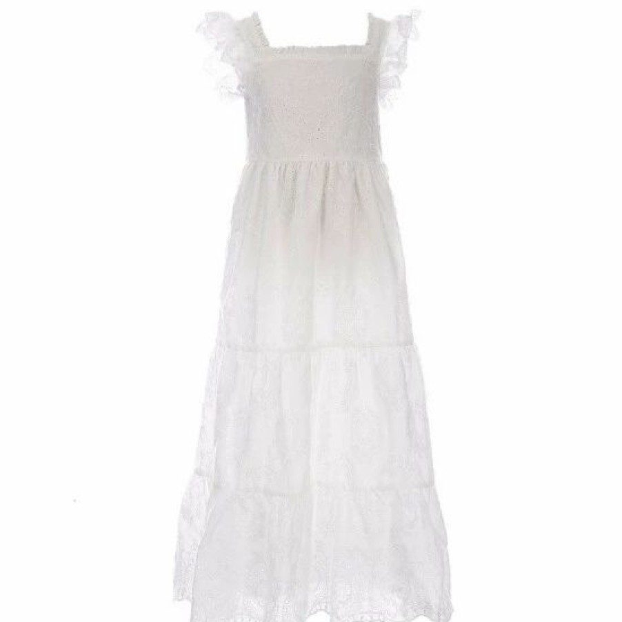 Kids * | Deals Rare Editions Big Girls 7-16 Flutter-Sleeve Eyelet-Embroidered Tiered Long Dress Ivory