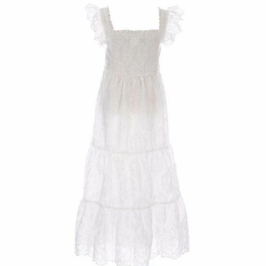 Kids * | Deals Rare Editions Big Girls 7-16 Flutter-Sleeve Eyelet-Embroidered Tiered Long Dress Ivory